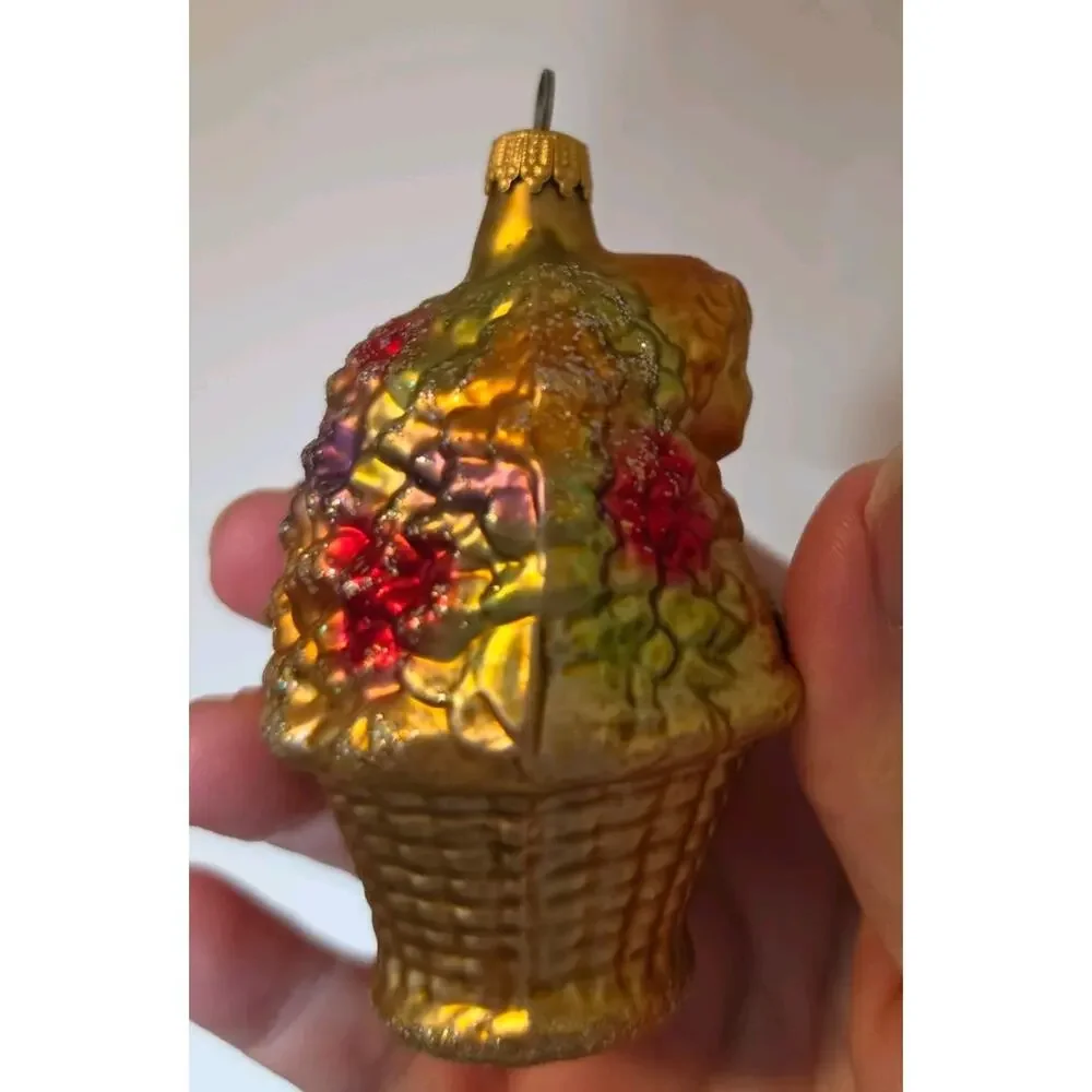 VTG West Germany Blown Glass Ornament Girl in Flower Basket Glitter